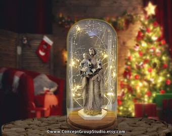 St. Joseph and Child Jesus Figure w/ Lights, Religious Gift, Xmas Decor, Glass Dome Cloche, LED Fairy Lights, Church Collection, Figurine