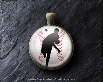 Baseball Pendant Necklace, 18" Brass Pendant Charm, Retro Silver Tone, Baseball Cabochon Jewelry, Antique Bronze Finish, Gift For Him, BS03