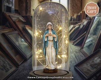 Virgin Mary table lamp featuring an LED string of fairy lights in a glass dome cloche. Perfect room décor, nightlight, religious centerpiece