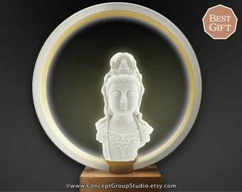 Buddha Statue Sculpture Lamp, Quan Yin, Round Led Lamp, Kwan Yin, Wood Base, Goddess of Mercy, meditation yoga, Night Light, USB-US Plug