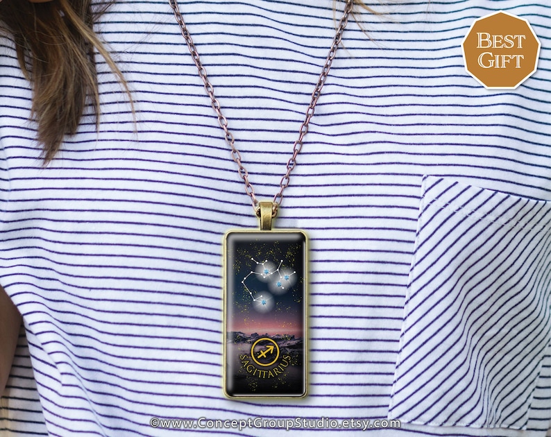Constellation Necklace Astronomical Charm Sagittarius Zodiac Pendant Best Gift Star Sign Pendant Rectangle 50x25mm Glass Cabochon