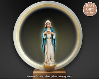 Virgin Mary Statue Lamp, Immaculate Heart of Mary, Wood Base, Round Led Table Lamp, Night Light, USB-US Plug, Gift for Her, Minimalist Lamp