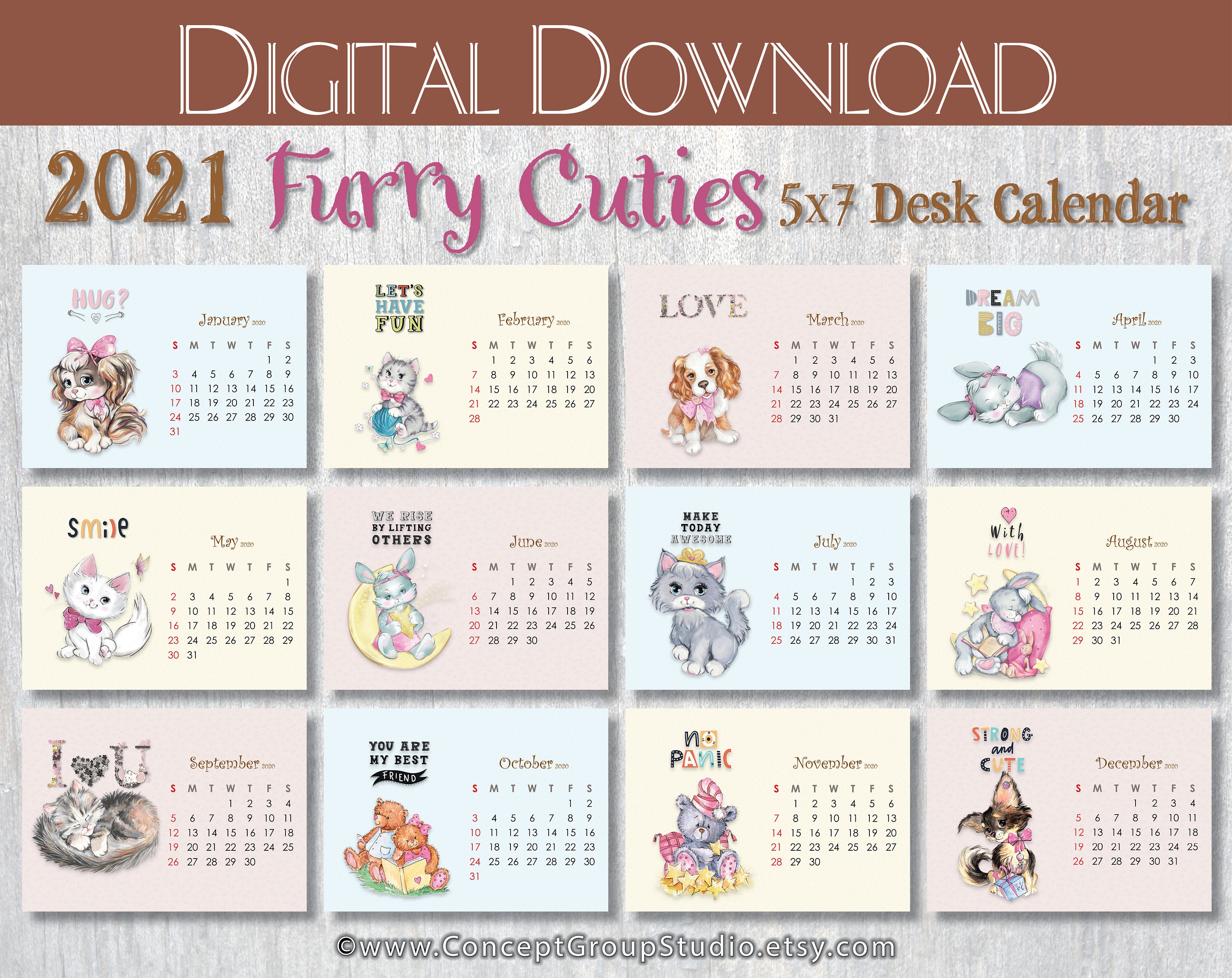 2021 Printable 5x7 Mini Calendar Furry Cuties Puppy and Etsy