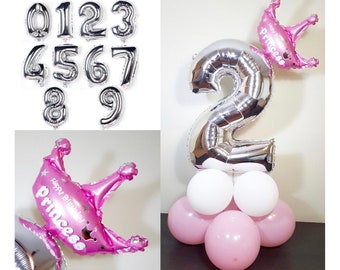 Number Balloon Party Kit. Birthday Foil Balloon from 0-9 or double digit number with crown and balloon base.