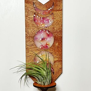 May include: Wooden wall hanging with a moon phase design and a small plant holder. The moon phases are filled with colorful resin and the wood is stained a reddish brown.