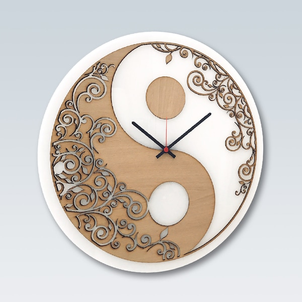 WALL CLOCK in plexiglass and wood - Yin Yang wood white