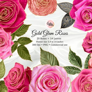 Pink Glam Rose Clip Art, Gold Glitzer Rose, Sofort Download Glitzer Blume png Verzierungen, Valentine Pink Rose, Kommerzielle Nutzung