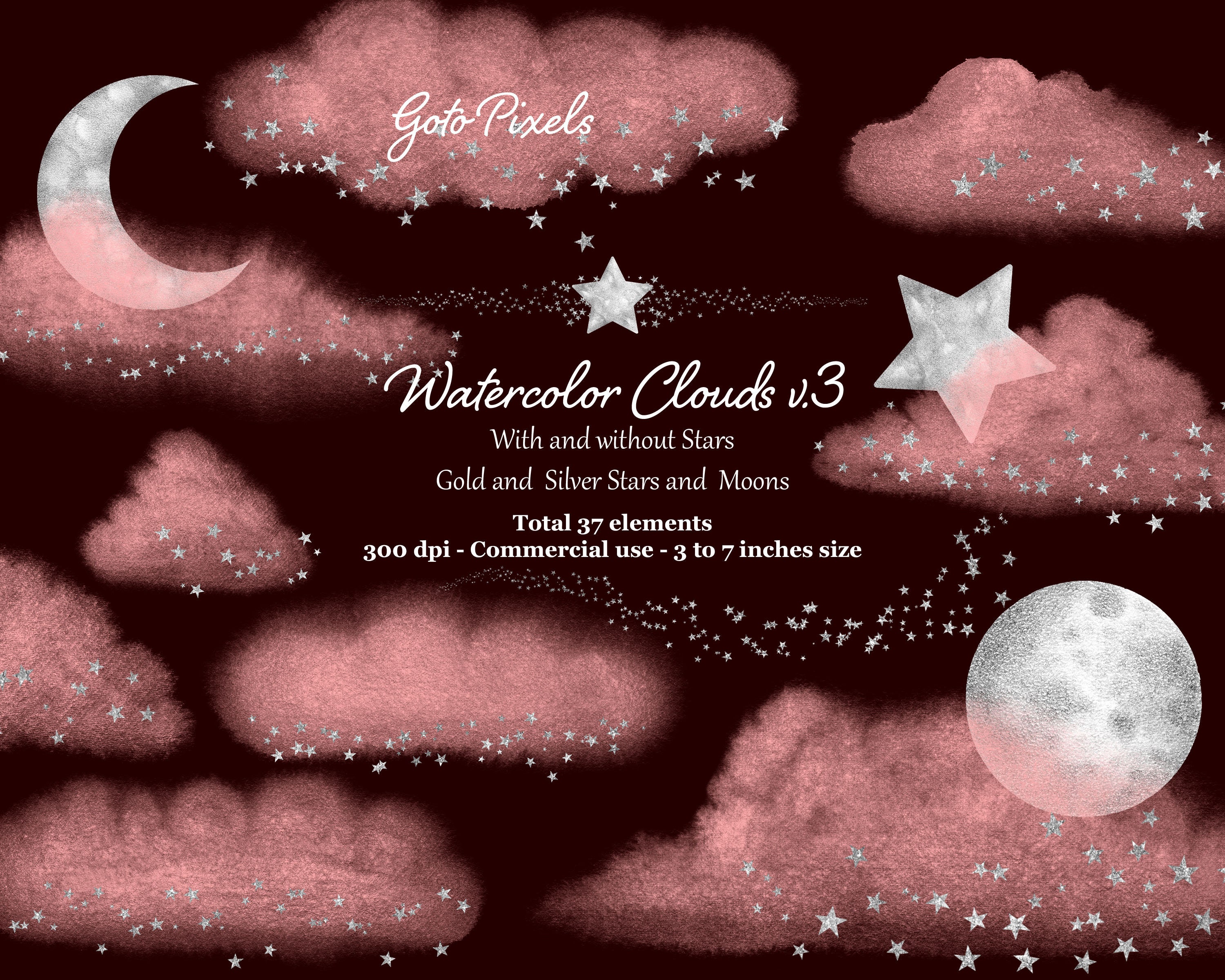 Pink Watercolor Clouds Clipart With Gold Stars Glitter Clouds Etsy