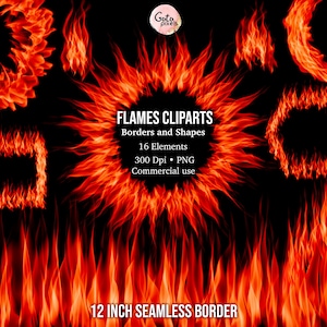 May include: A set of 16 digital clipart images of flames in various shapes and sizes, including circles, squares, and a 12-inch seamless border. The flames are a vibrant orange and red colour, and they are perfect for adding a fiery touch to your designs.