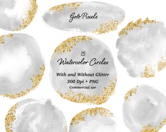 Può includere: 15 cerchi ad acquerello con e senza glitter. 300 Dpi PNG. Uso commerciale. Goto Pixels.