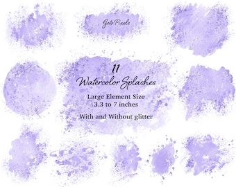 Op de afbeelding: Elf paarse aquarelspatten met glitter, variërend in grootte van 8,4 tot 17,8 cm. Goto Pixels.