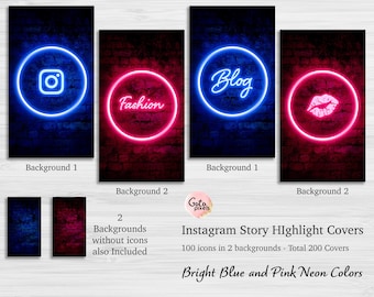 Puede incluir: Portadas de historias de Instagram con colores neón azul brillante y rosa. La imagen presenta cuatro gráficos verticales con círculos e iconos de neón, incluido un logotipo de Instagram, la palabra "Fashion" y un par de labios.