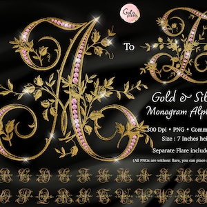 Gold & Silber Blumen Monogramm Alphabet Clipart mit rosafarbenen Diamanten (PNG Digital Download)