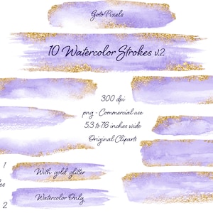 Purple Watercolor Brush Strokes Clipart: Gold Glitter Splash (Digital Download)