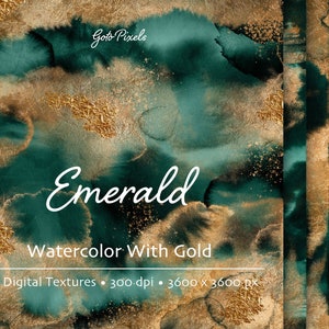 Emerald digitale papieren met gouden folie, Aquarel digitale paper clipart, Aquarel behang, Aquarel achtergrond, Verf texturen