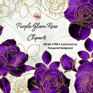 Lila Aquarell und Gold Glam Rose Clip Art, Sofort Download Glitzer Blume png Verzierungen, Lila Rose, Gold Glitzer Rosen