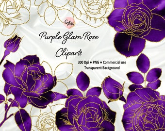 Purple Watercolor and Gold Glam Rose Clip Art, Digital instant download glitter flower png embellishments, Purple rose, Gold glitter roses