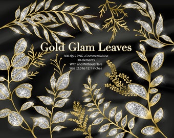 Gold Glam Leaves Clipart: Floral Stamp Overlays (PNG Digital Download)