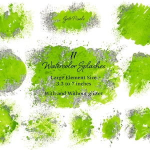 Lime Green Watercolor Splatter Clipart: Glitter PNG Backgrounds (Digital Download)