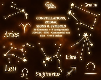 Glowing Zodiac Constellations Clipart: Celestial Astrology PNG (Digital Download)