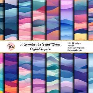 Papel digital de ondas de colores: Fondos con patrones sin costuras (descarga digital)
