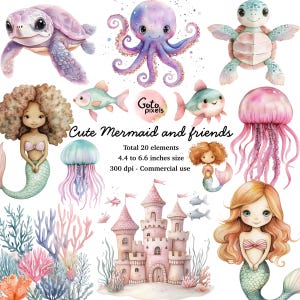 Bundle de cliparts sirène mignonne, aquarelle sirène amis PNG ensemble, animaux marins mignons, océan, méduses, dauphin, tortue, poulpeUsage commercial