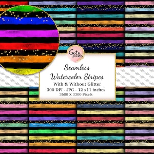 Watercolor Stripes Seamless Pattern on Black Background, Rainbow Watercolor stripes digital paper, Watercolor Backgrounds, Watercolour Paper