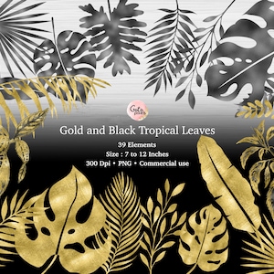 Zwart en goud tropische bladeren Clipart, goudfolie tropisch blad PNG clip art graphics en frame instant download voor commercieel gebruik