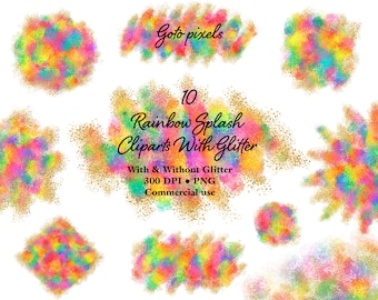 Rainbow Watercolor Splash Clipart: Gold Glitter PNG (Digital Download)