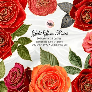 Red Rose Gold Glitter Clip Art: Valentine&#39;s Day PNG (Digital Download)
