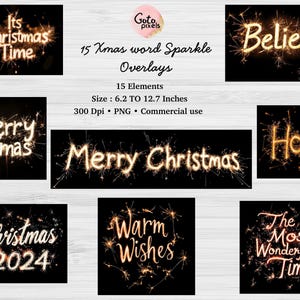 15 kerstfoto-overlays voor Photoshop, kerstwoordkunst met een sprankelend effect, ideaal voor kerstfotografie en minisessies voor het hele gezin