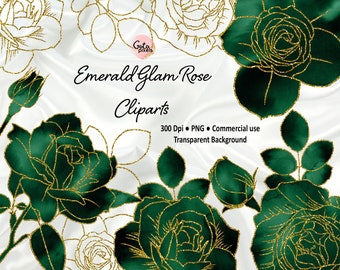 Emerald Watercolor and Gold Glam Rose Clip Art, Digital instant download glitter flower png embellishments, Emerald rose, Gold glitter roses