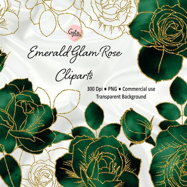 Emerald Watercolor and Gold Glam Rose Clip Art, Digital instant download glitter flower png embellishments, Emerald rose, Gold glitter roses