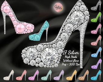 Diamond High Heel Clipart: Silver Rhinestone Shoe Graphics (Digital Download)