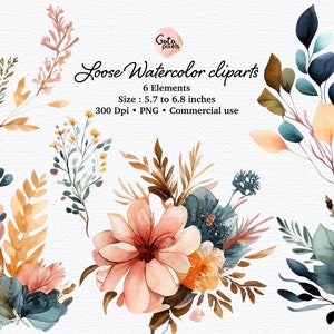 ゆるい水彩画の花のクリップアートセット、花と葉のクリップアート、植物のイラスト、結婚式の招待状 PNG 即時ダウンロード