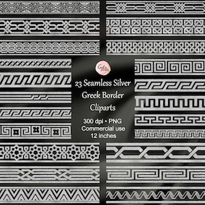 23 Silver Greek Borders Clipart, Segments de bordure transparents, Silver foil border clip art téléchargement instantané numérique, Éléments de scrapbook commerciaux