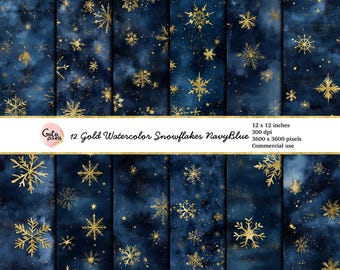 Gold Snowflake Digital Paper: Navy Watercolor Textures (Digital Download)