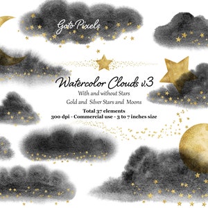 Watercolor Black Clouds Clipart: Gold Stars, Moons PNG (Digital Download)