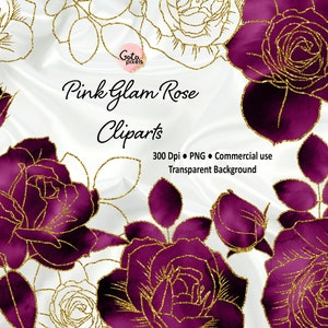 Clipart de Rosa de Acuarela de Vino: Flores Glamorosas con Brillo Dorado (Descarga Digital)