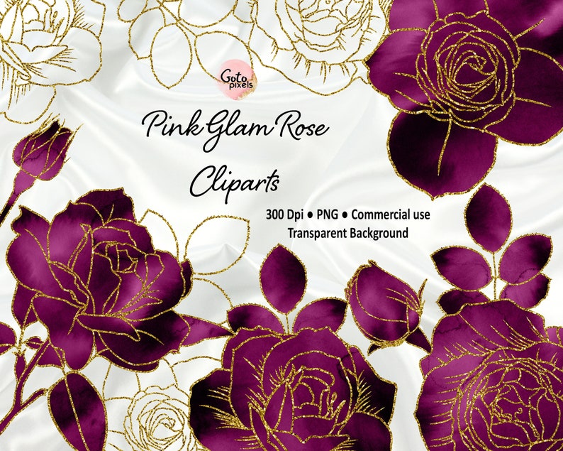 May include: Pink and gold glitter rose clip art with a white background. The roses are outlined in gold glitter and have a watercolor effect. The text "Pink Glam Rose" and "Clipart" is included in the image.