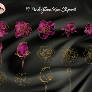 May include: 14 Pink Glam Rose Clipart images. The roses are outlined in gold glitter and have a watercolor effect. The background is black.