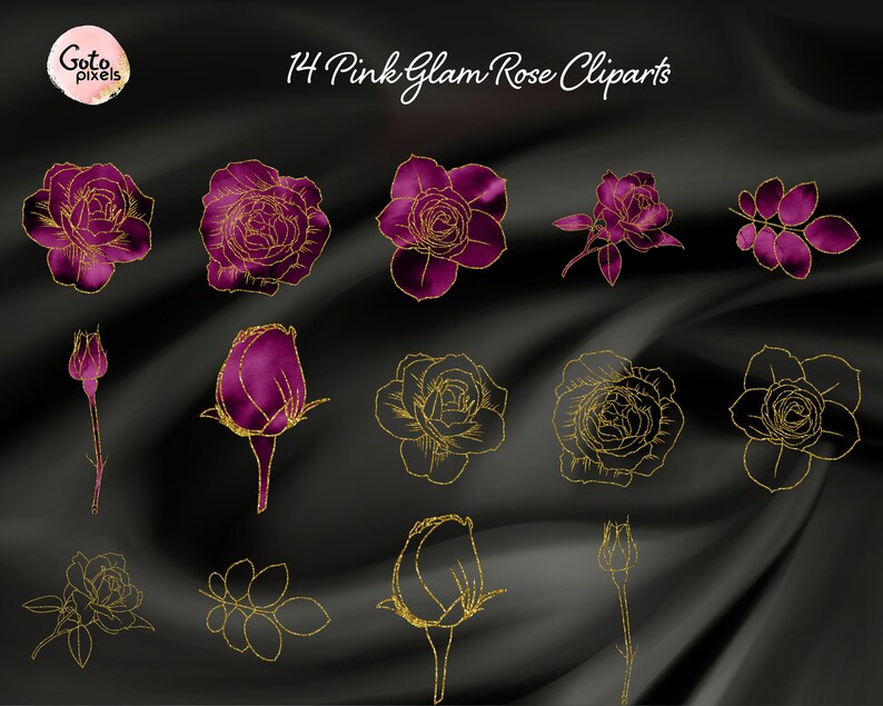 May include: 14 Pink Glam Rose Clipart images. The roses are outlined in gold glitter and have a watercolor effect. The background is black.