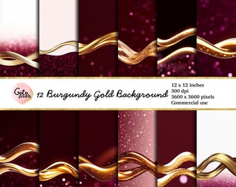Burgundy & Gold Wave Digital Paper: Bokeh Ombre Backgrounds (Digital Download)