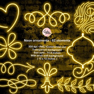 May include: A set of 62 neon yellow ornaments, including hearts, swirls, flowers, and geometric shapes. The ornaments are designed for commercial use and are available in PNG format. The ornaments are 300 dpi and measure up to 14.9 inches.