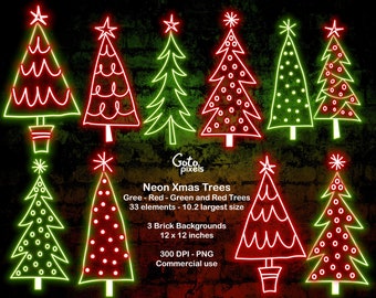 Neon Christmas Tree Clipart: Glow Effect PNG Graphics (Instant Download)