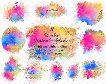 Rainbow Watercolor Splash Clipart: Gold Glitter PNG (Digital Download)