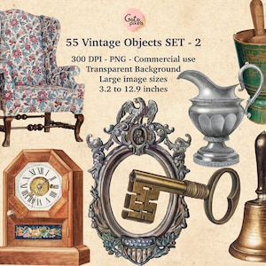 55 Old Things Clip Art - vintage antique objects and overlays in png format instant download for commercial use