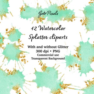 Mint Watercolor Splatter Clipart: Gold & Silver Glitter (Digital Download)