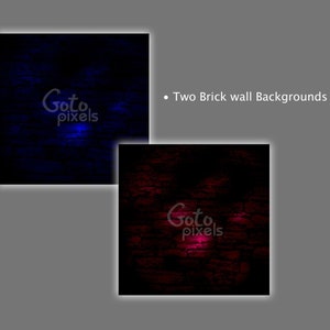May include: Two brick wall backgrounds, one in dark blue and the other in dark red. Each background has the text "Goto pixels" in a stylized font. The text "Two Brick wall Backgrounds" is also present.
