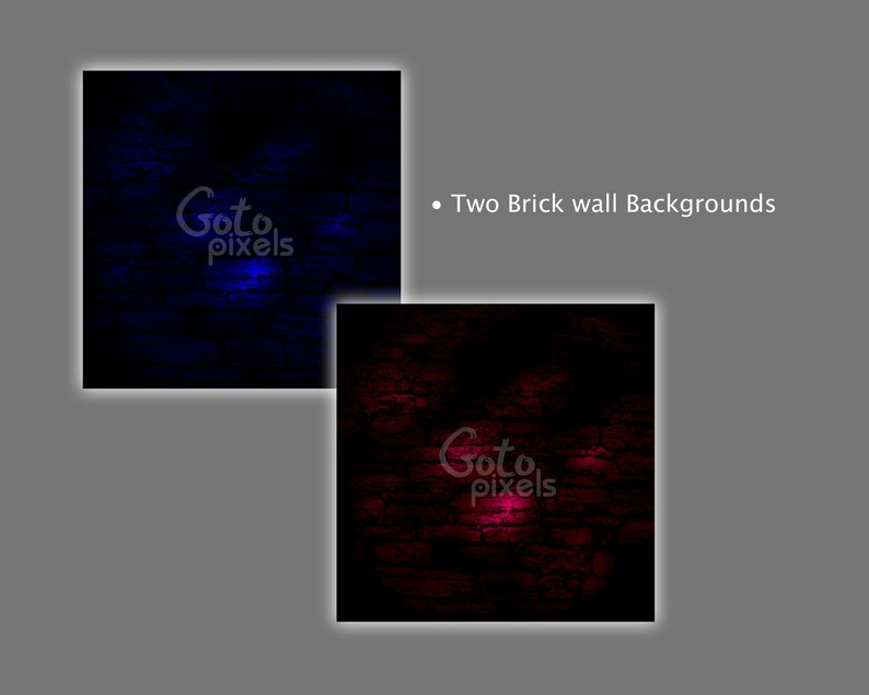 May include: Two brick wall backgrounds, one in dark blue and the other in dark red. Each background has the text "Goto pixels" in a stylized font. The text "Two Brick wall Backgrounds" is also present.